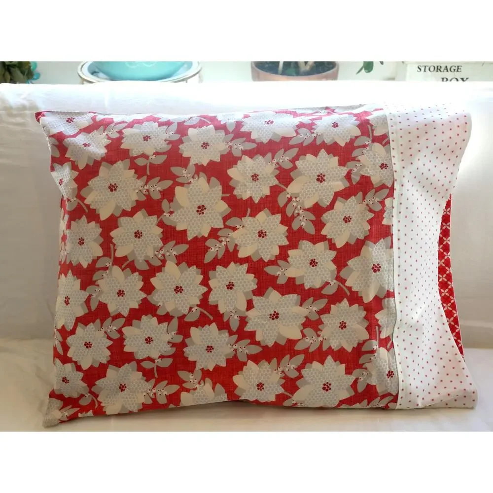 Handmade Floral Pillowcases, Red, Gray, and Ivory Winter Flowers, Standard Size